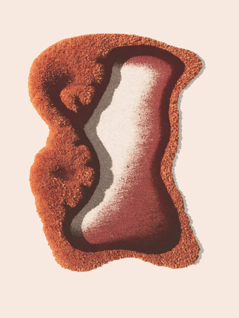 Illustration eines skulpturalen Wollteppichs mit Schlingenflor und unregelmässiger Kontur